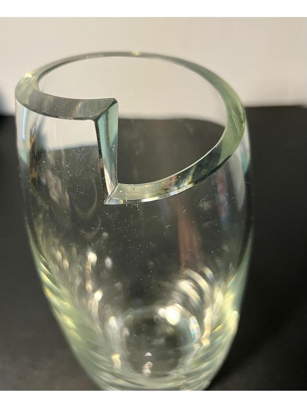 Scandinavian Vintage 1960s Heavy Clear Art Glass Vase Asymmetric Rim, 3.5x10” - Picture 5 of 11